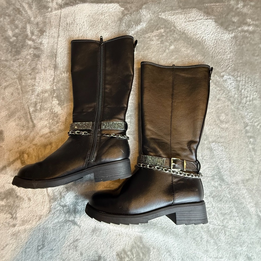 Girls Black Mid-Calf Combat Boots Rhinestone Buckle Chain Accent Side Zip Size 2 - Picture 2 of 11